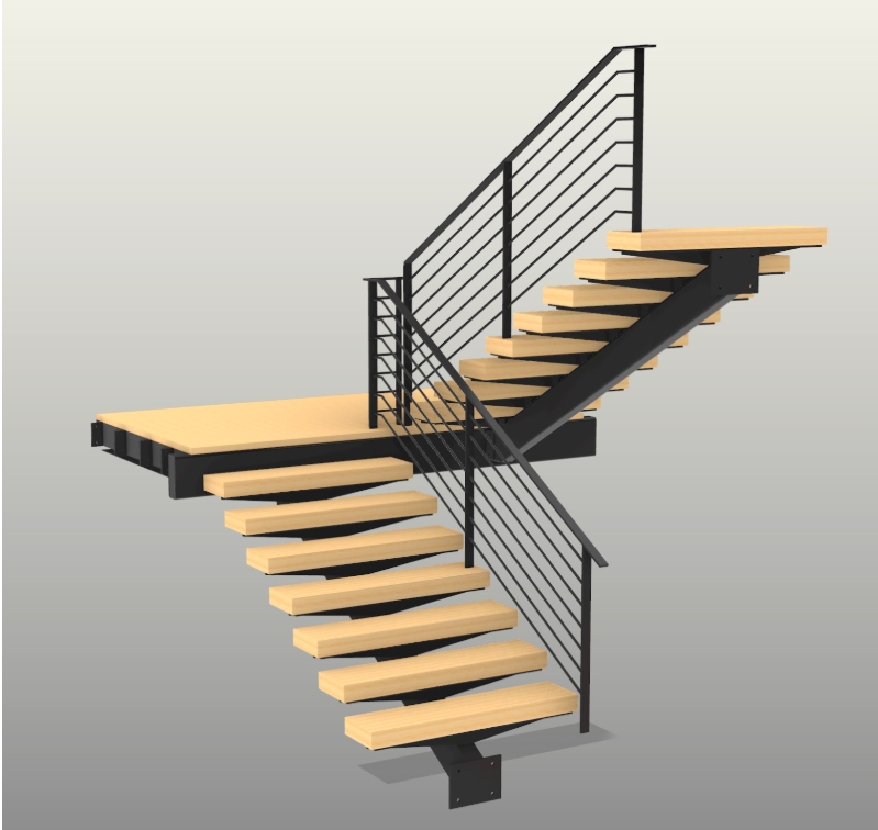 A modern, black metal and wood staircase with two flights and a landing, set against a plain, light background.