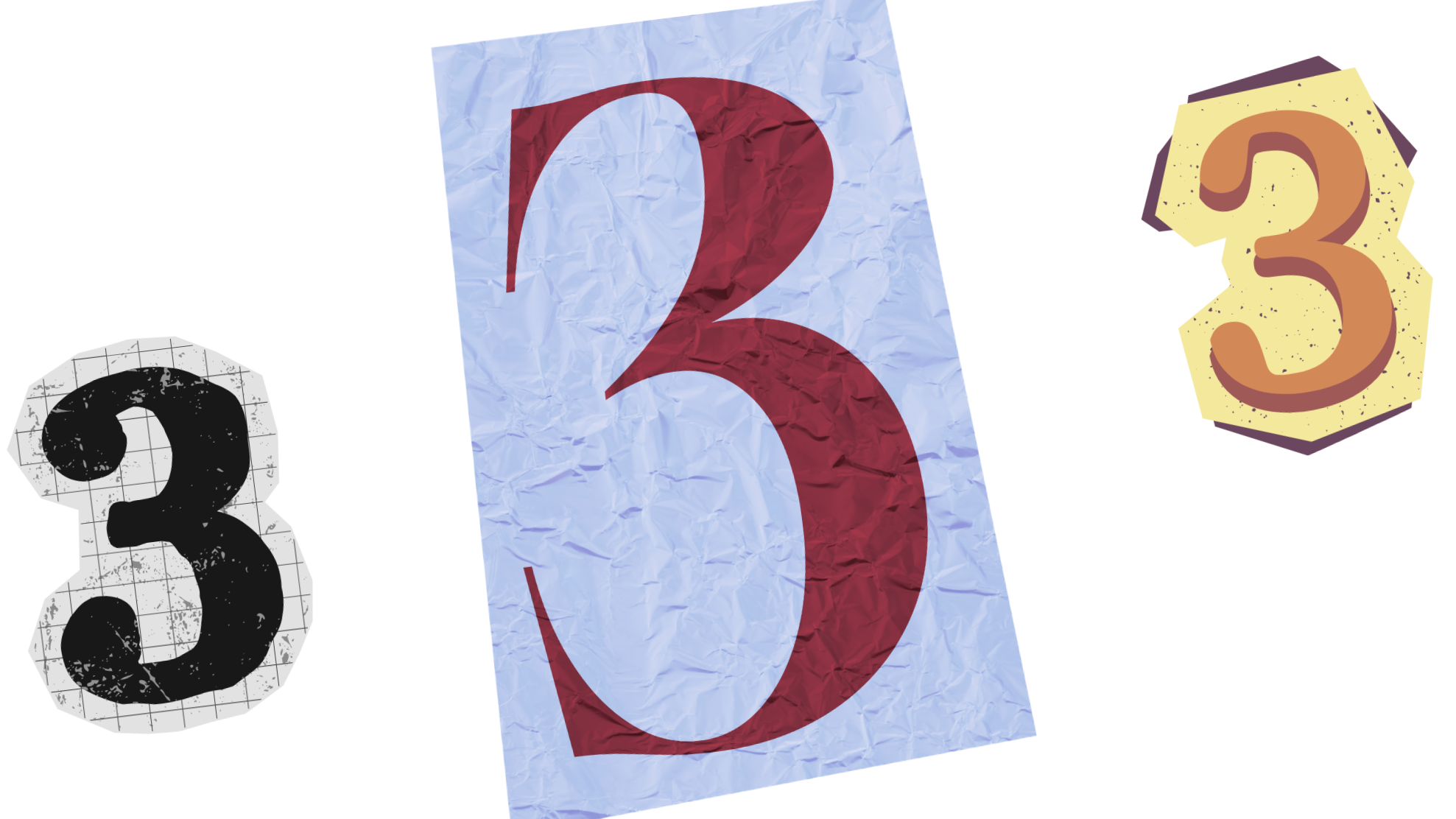 Three numbered signs displaying the numbers 3, 2, and 3 in different styles and colors.