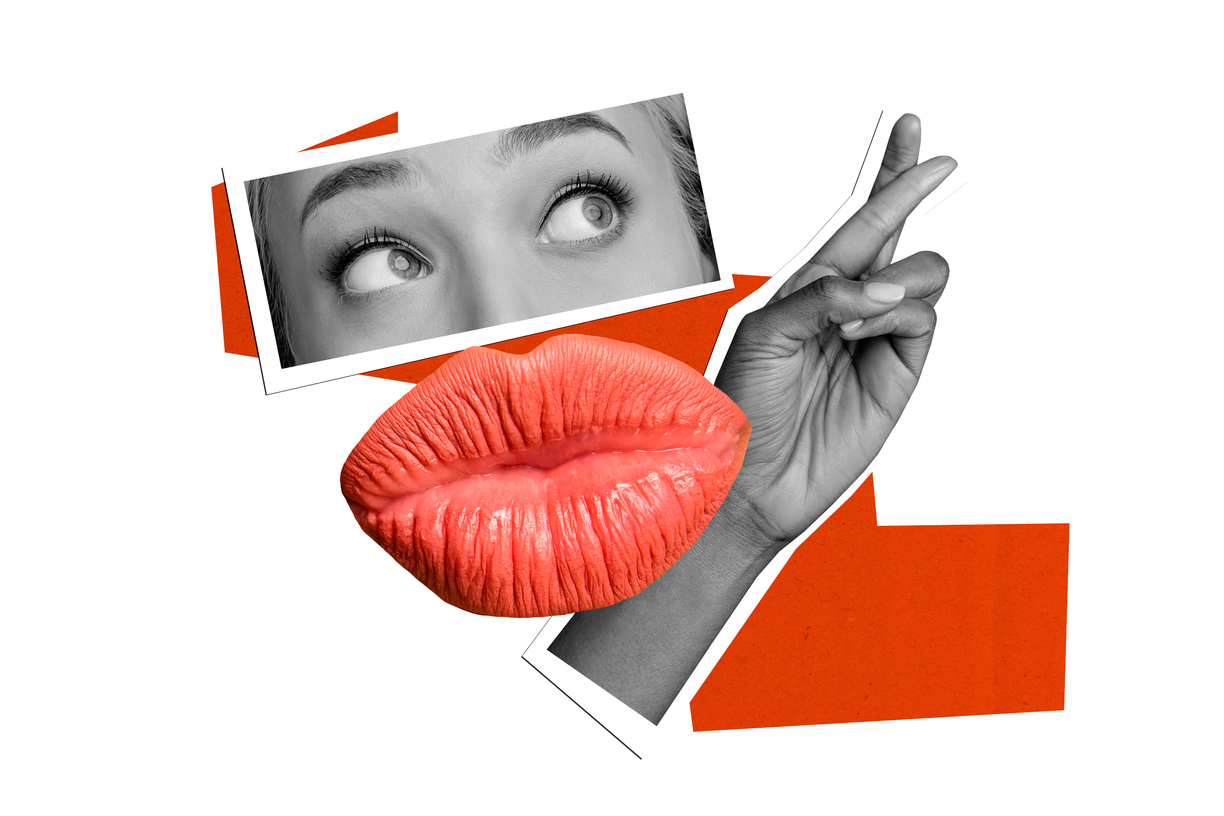 Collage featuring a black and white photo of a woman's eyes, red lips, and a hand with a raised index finger, set against a black, white, and red background.