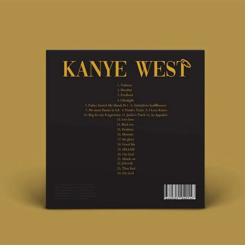 Black album cover with gold text titled 'Kanye West' and a tracklist in gold, numbered 1 to 24, against a plain background.