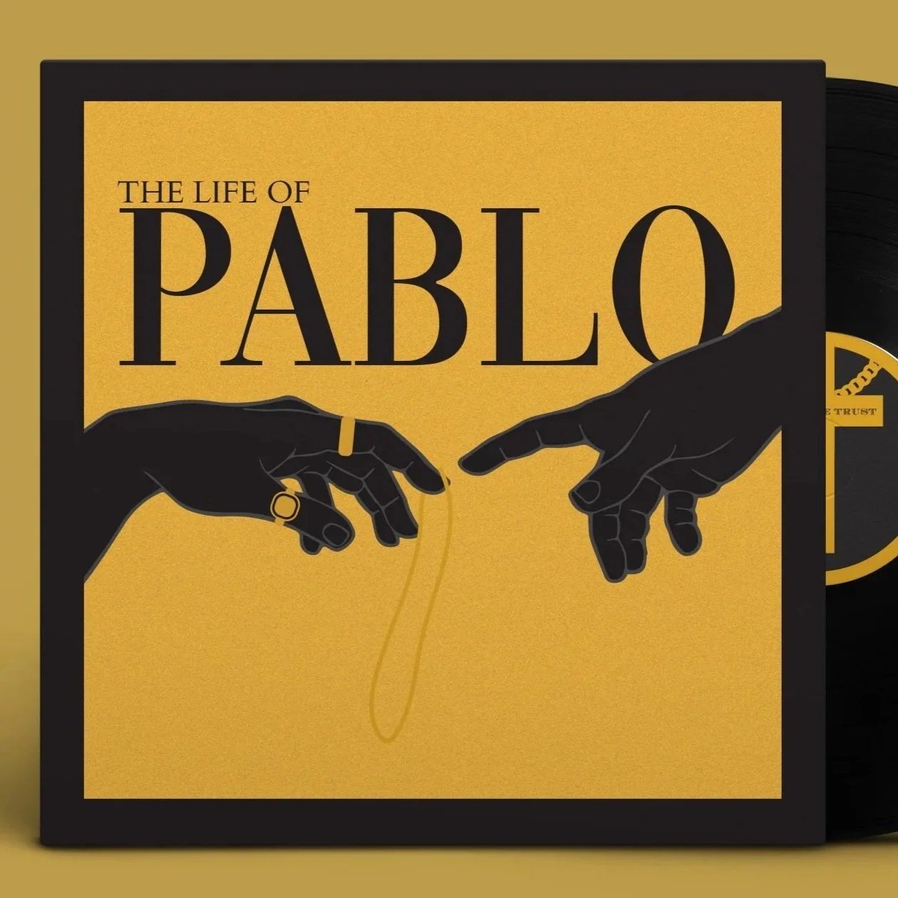 Album cover titled 'The Life of Pablo' with black hands resembling Michelangelo's Creation of Adam reaching toward each other on a yellow background.
