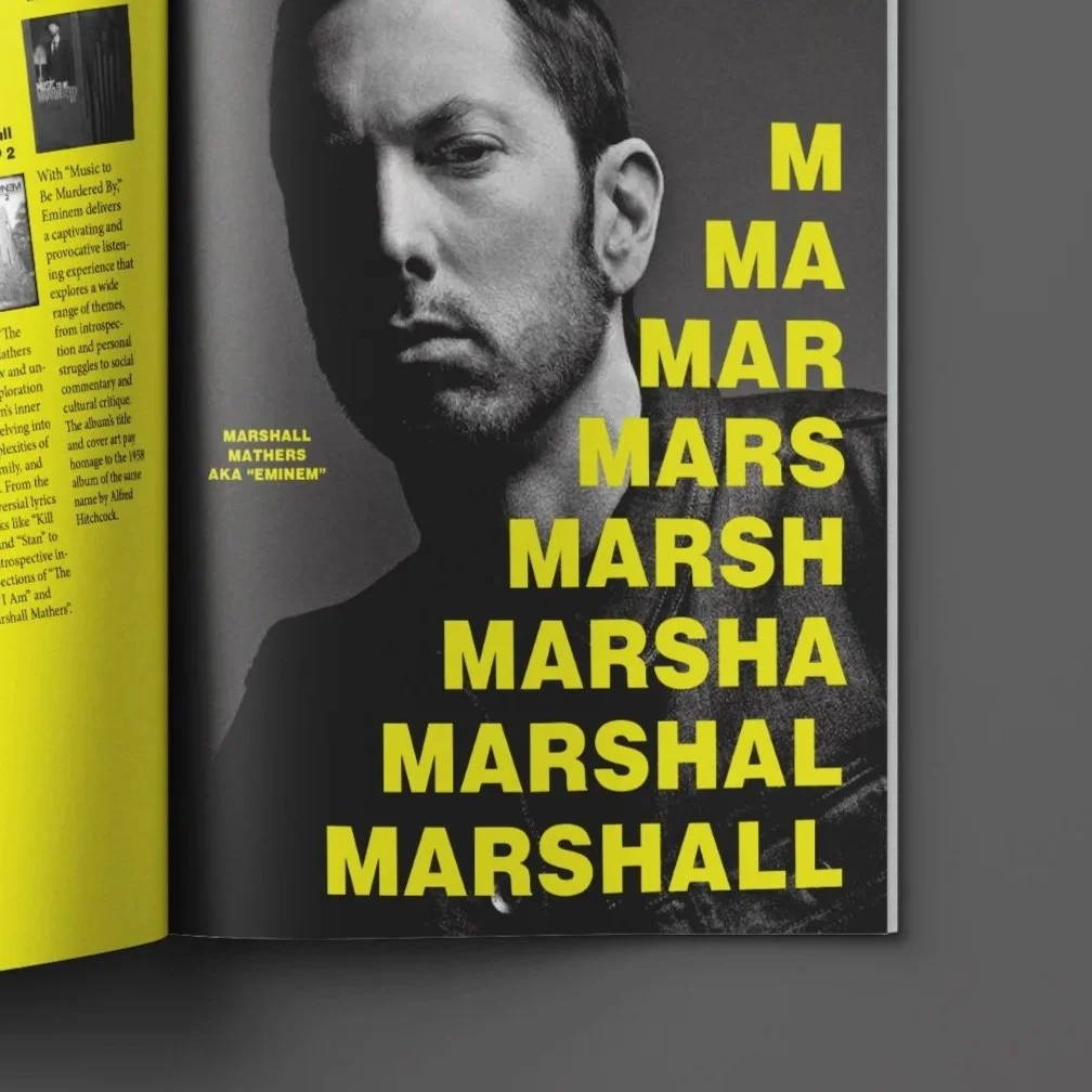 Black and white portrait of Marshall Mathers, also known as Eminem, with bright yellow text listing his names and aliases.