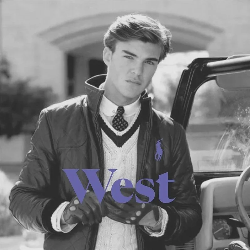 Black and white photo of a young man with styled hair, wearing a leather jacket over a sweater and shirt with a tie. He has his hands in leather gloves and stands next to a vehicle. The word "West" and a small polo player logo are superimposed on the