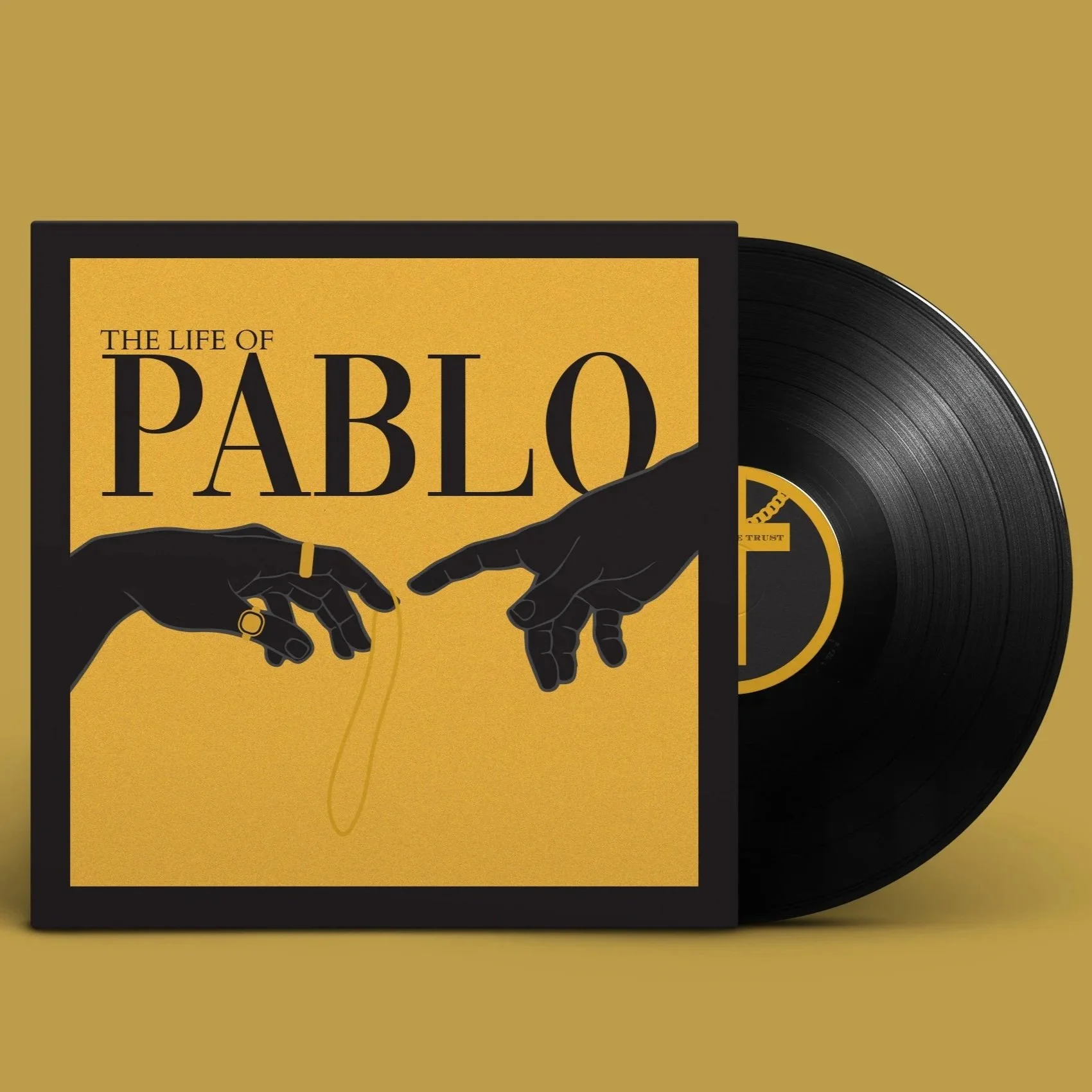 Album cover titled 'The Life of Pablo' with an illustration of two hands reaching towards each other, inspired by Michelangelo's 'The Creation of Adam', in black, on a yellow background. A vinyl record partially visible behind the cover.