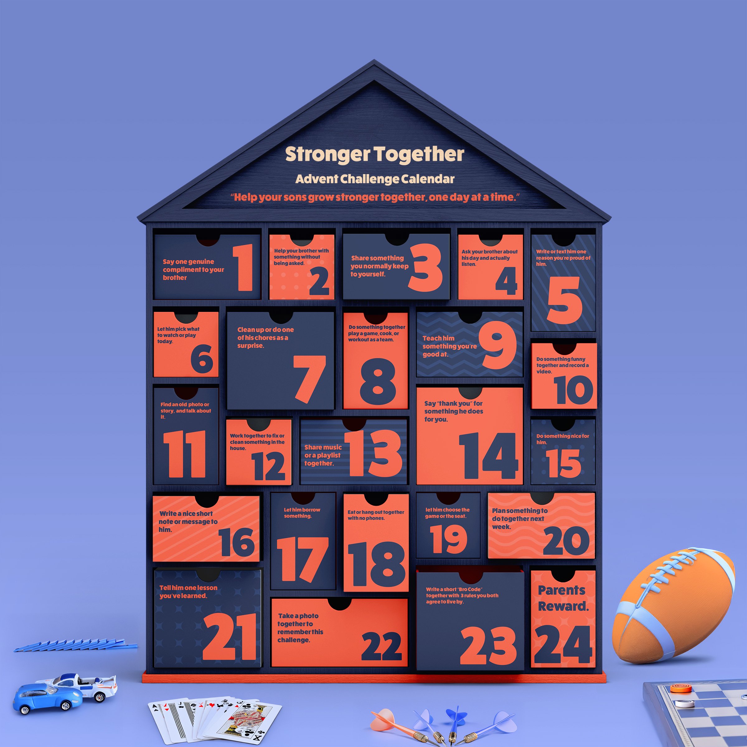 A navy blue Advent challenge calendar shaped like a house with 24 compartments, each containing a daily activity or challenge, titled "Stronger Together." Surrounding objects include a football, toy cars, playing cards, darts, and a small game piece on a board.