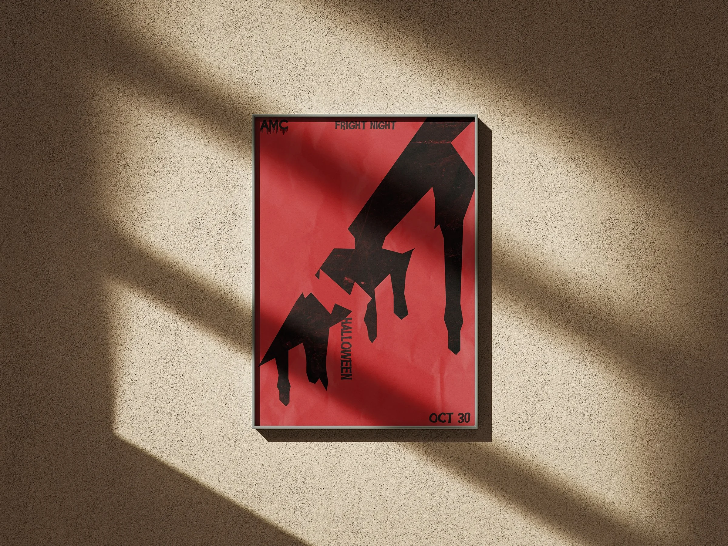 A Halloween-themed poster displayed on a wall with shadows cast across it. The poster features black silhouettes of two bats hanging upside down against a red background. The words "Fright Night" are at the top, and "Halloween" is written vertically 