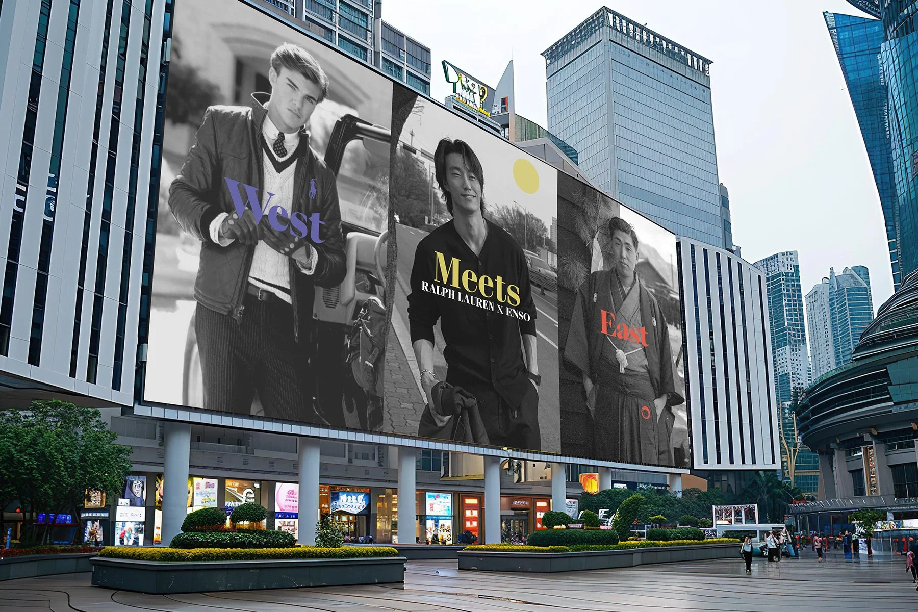 Large outdoor digital billboard displaying advertisements in a busy urban area. The billboard features black and white photographs of three young men, each with a different colored text caption: 'West' in purple, 'Meets' in yellow with smaller text b