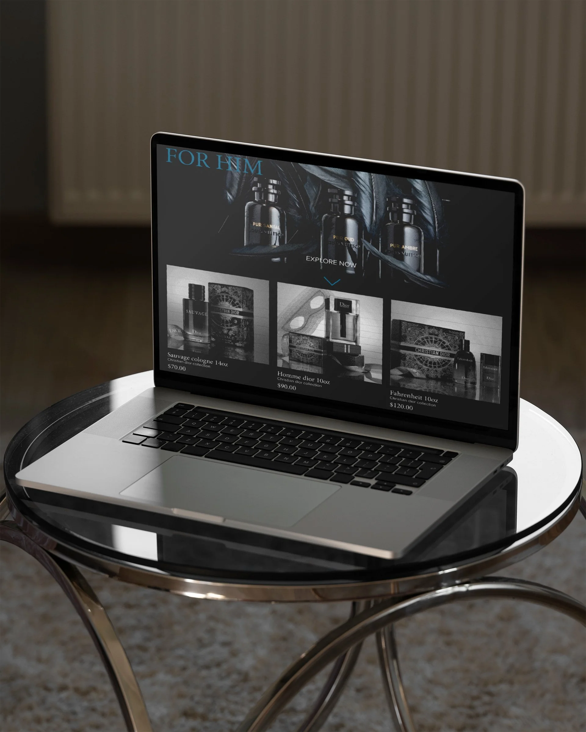 Laptop on a round glass table displaying an online store for men's perfumes.