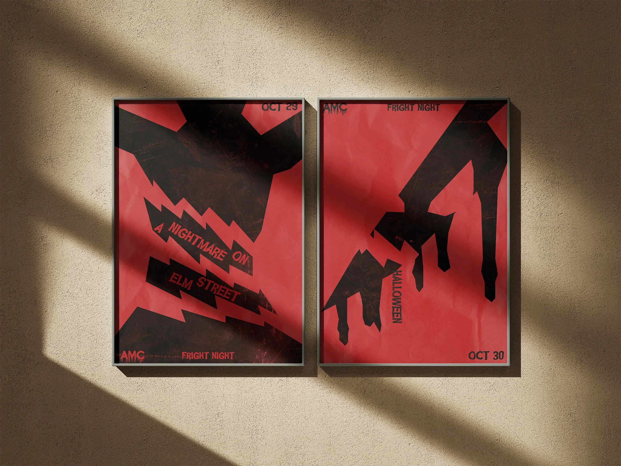 Two framed posters with a red background and black horror-themed illustrations, one depicting a clawed hand and the other a hand with sharp claws, along with text referencing a Halloween event on October 29 and October 30.