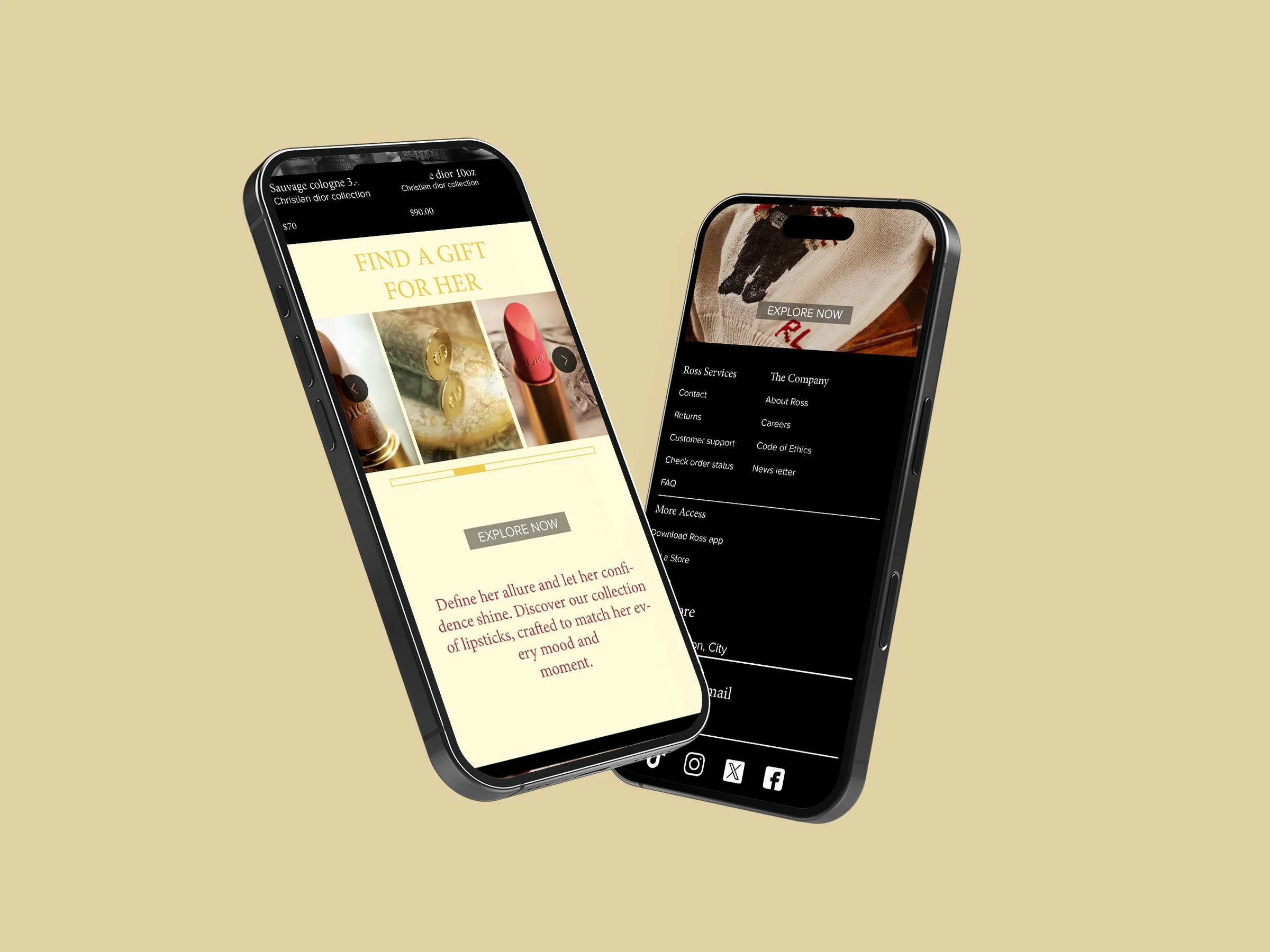 Two smartphones displaying a fashion online shopping app and a website menu, positioned against a light beige background.