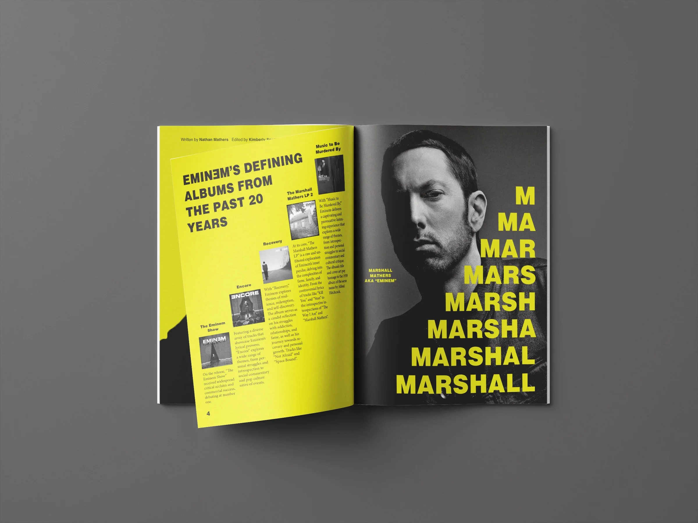 Open magazine with bright yellow page and black text on left, black and white portrait of Marshall Mathers aka Eminem on right.