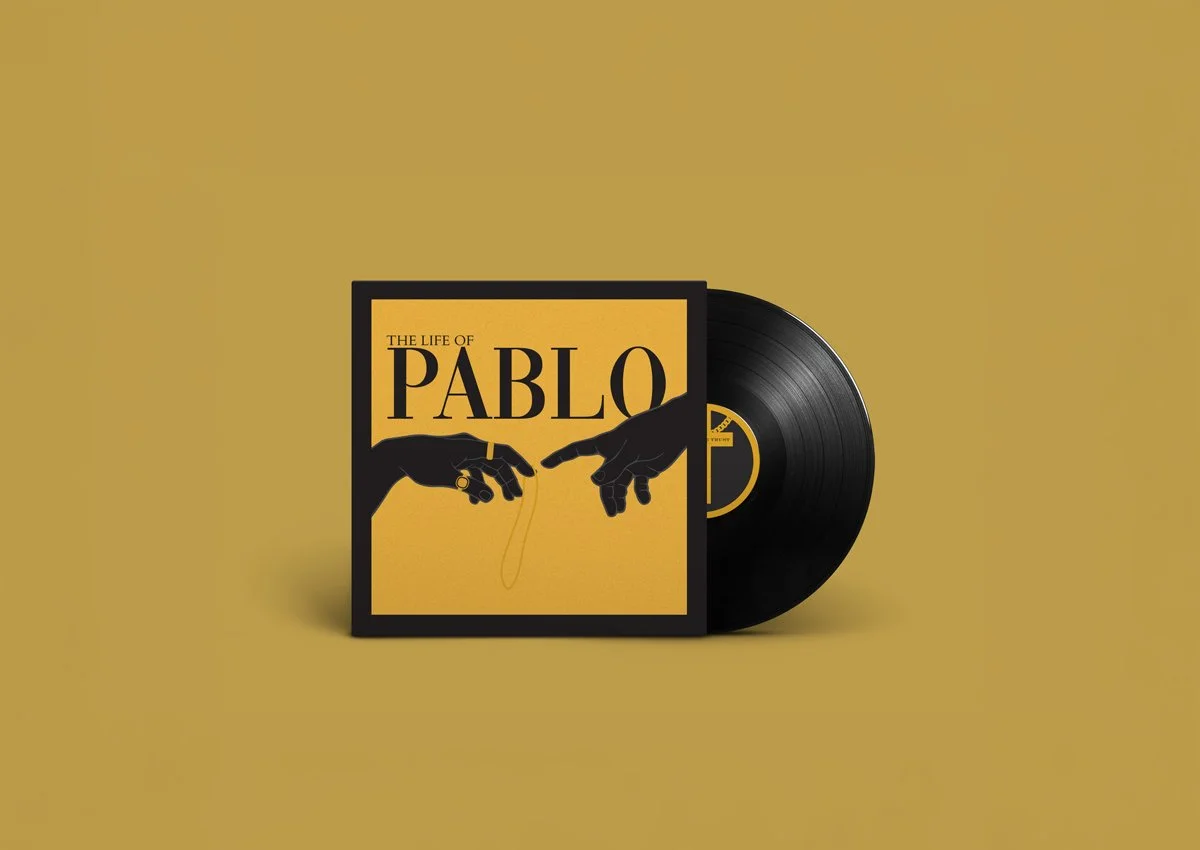 Album cover titled 'The Life of Pablo' with artwork of two hands reaching toward each other against a yellow background, with a vinyl record partially visible behind the cover.