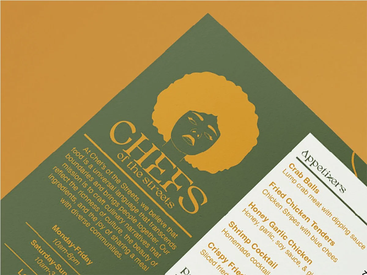 Event flyer for Chefs of the Streets featuring a stylized illustration of a woman with an afro hairstyle, with a list of appetizers including crab balls, fried chicken tenders, honey garlic chicken, shrimp cocktail, and crispy fried fish.