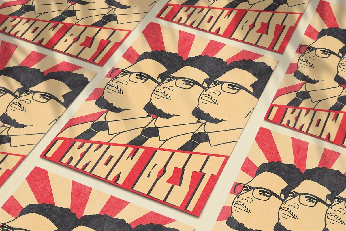 A sheet of printed posters featuring a stylized illustration of a man with glasses, a beard, and curly hair, with red rays in the background and the words "I KNOW" written in bold red letters.