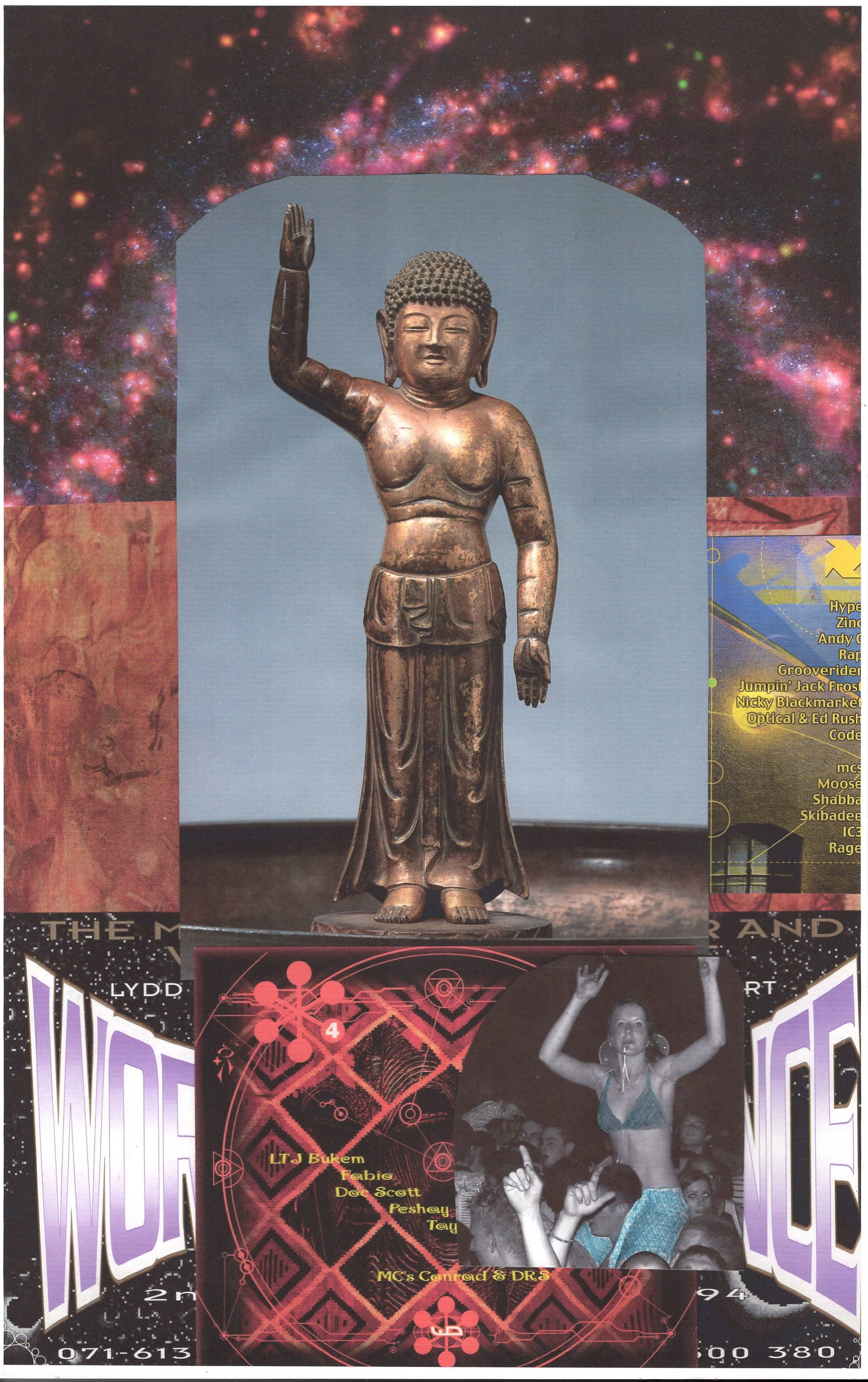 Buddha Rave #5 ... Original rave poster collage artwork, large card paper reprint ...