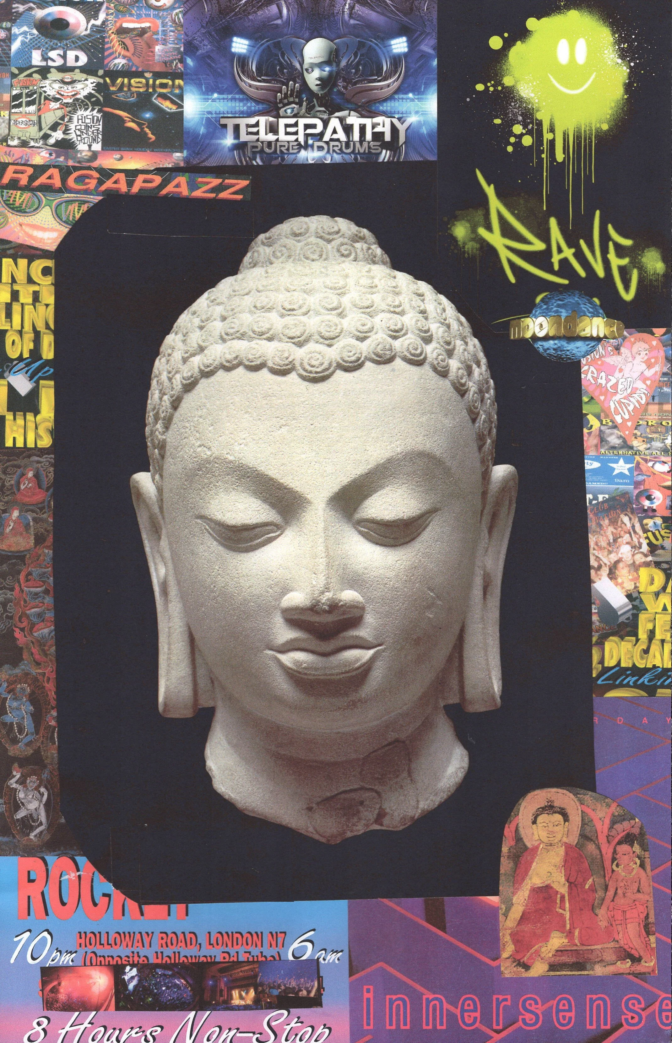 Buddha Rave #7 ... Original rave dance music poster collage art, large card paper reprint ...