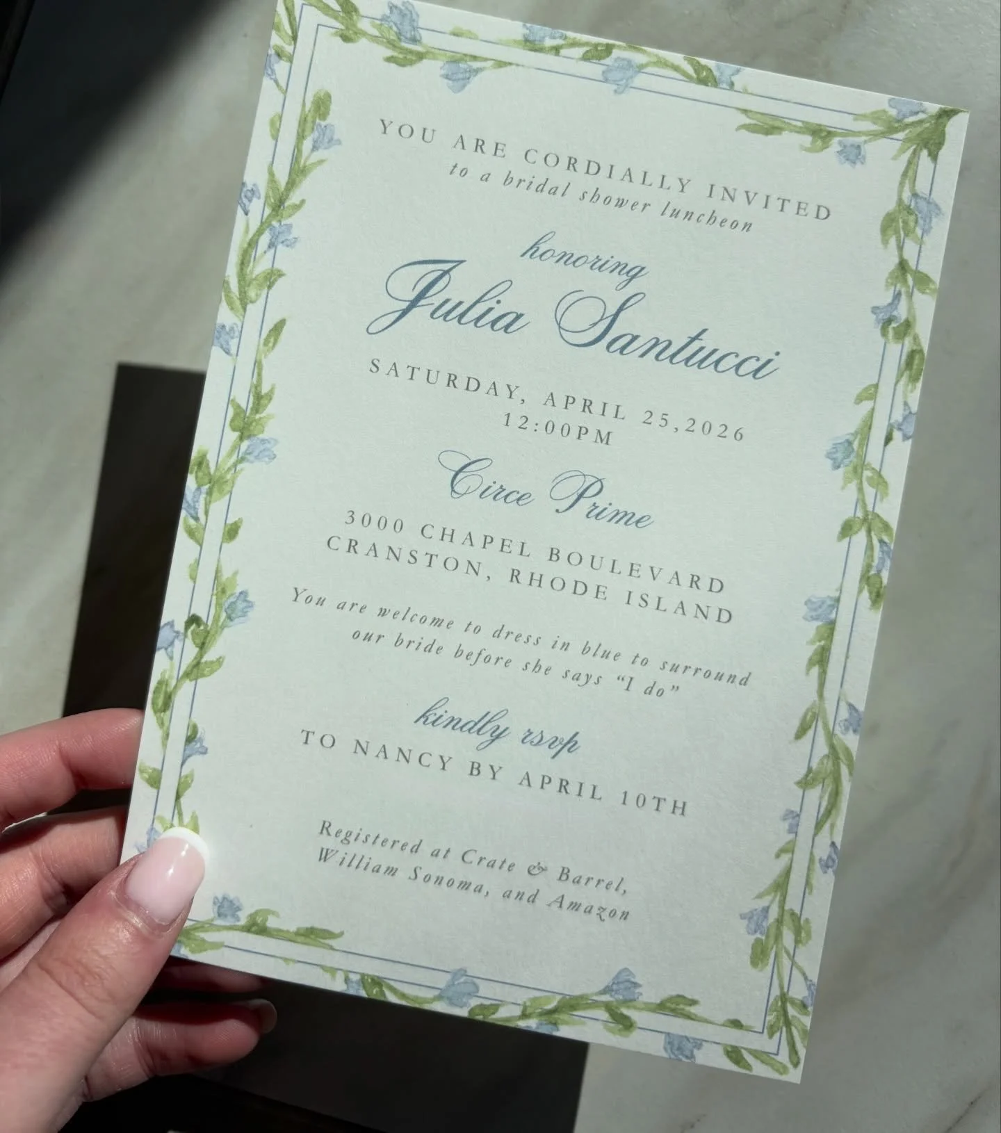 When your bridal shower theme is &lsquo;Something Blue&rsquo;, you obviously need a hand-painted Bluebell border on your invitations 💙✨

So excited to shower my sweet friend! And how cute is the recipe card insert?!