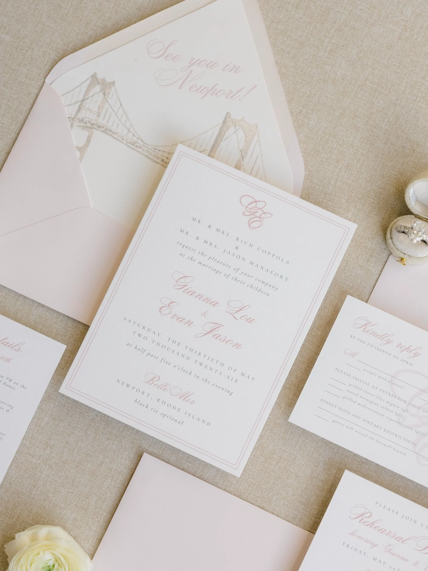 Nothing sweeter than a classic blush Belle Mer suite 💌

G&amp;E are going to have the most beautiful day - so grateful to have created their guests&rsquo; first impression. 🤍

📷 @hedifieldphotography 

#2026bride #2027bride #weddingstationery #cus