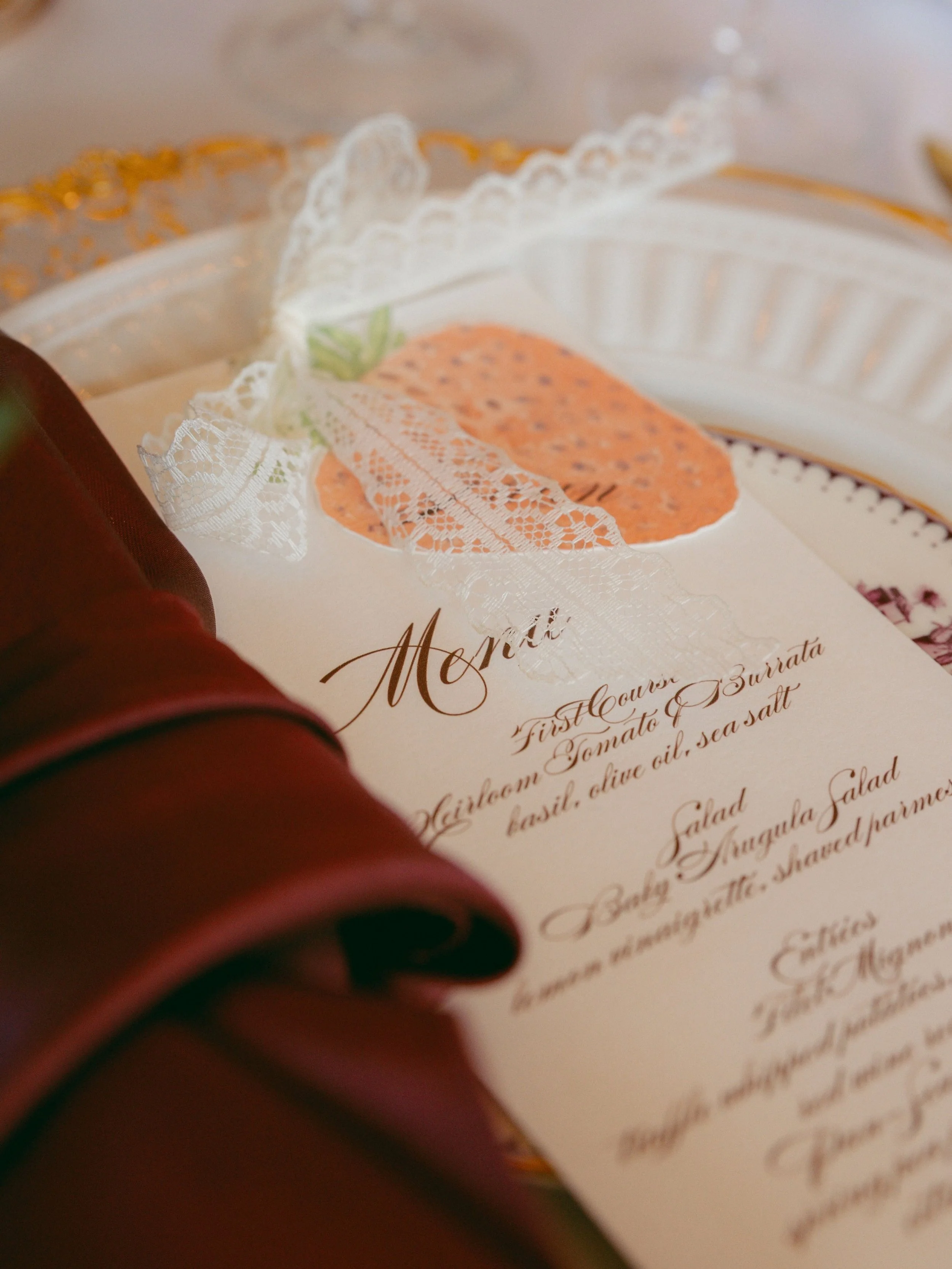 Vintage garden romance 🍓✨ So grateful to have collaborated with an incredible group of New England wedding vendors on this dreamy styled shoot. I loved creating these hand-painted strawberry die-cut place cards, each tied with a delicate lace ribbon