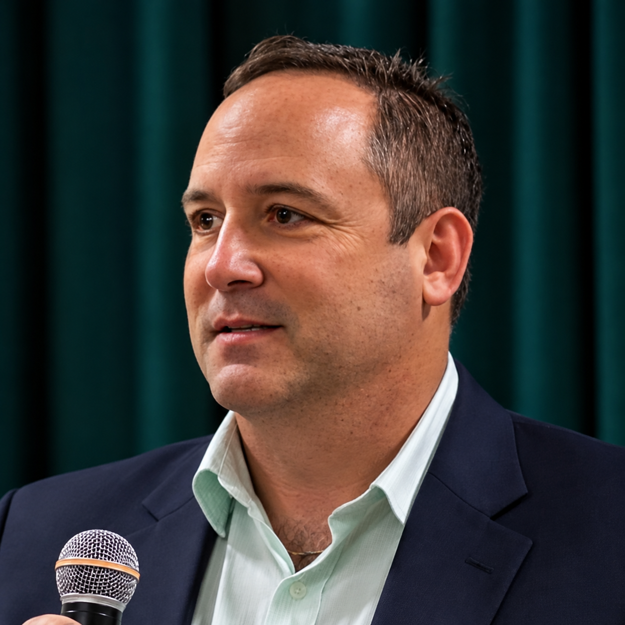 A man in a suit holding a microphone, speaking in front of a dark green curtain.