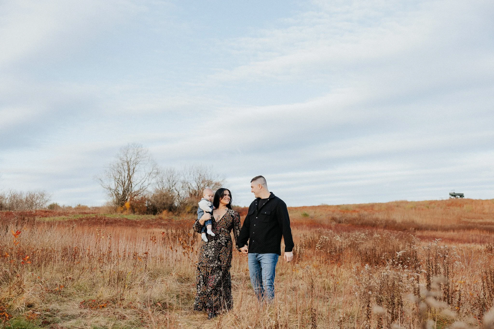 A family of three walking hand in hand through a grassy field with trees in the background, under a cloudy sky.