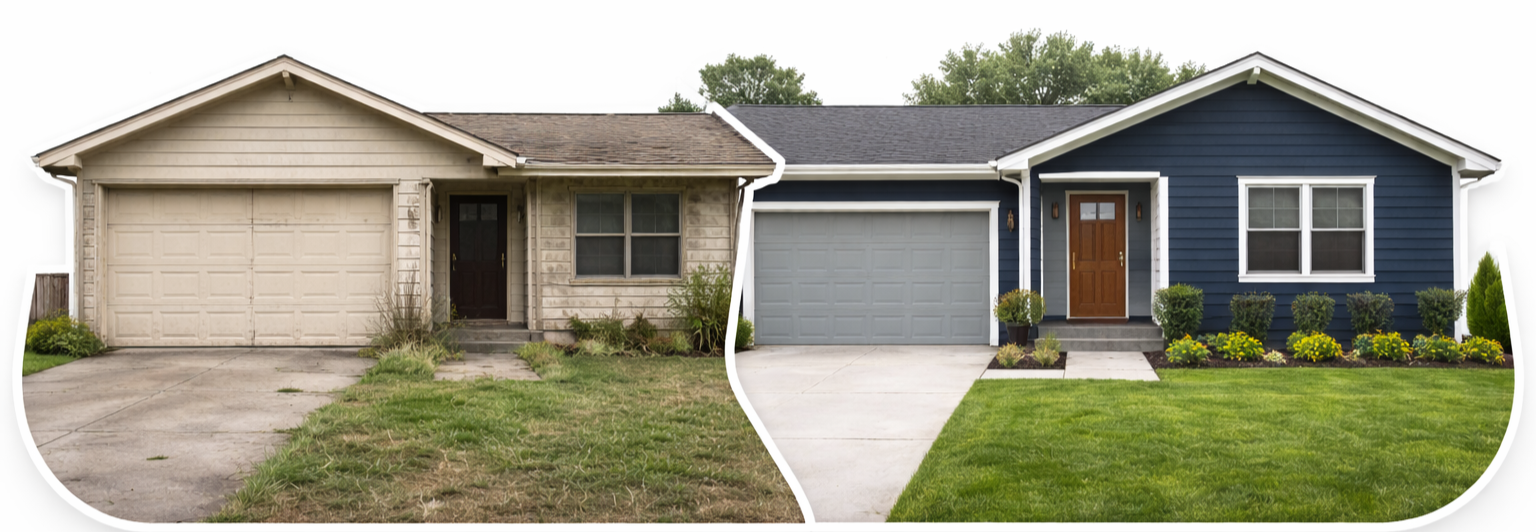 Comparison of a worn-out, beige house with a stone facade, overgrown lawn, and a closed garage door on the left, and a freshly renovated, blue house with a manicured lawn, vibrant plants, and a new garage door on the right.