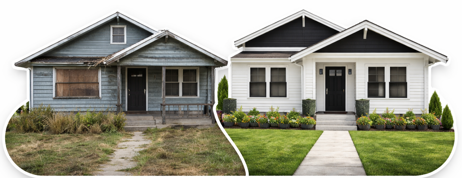 Comparison of two houses: the left house is old, weathered, with peeling blue paint, boarded-up window, and overgrown yard; the right house is new, well-maintained, painted white, with a landscaped front yard and flowers.