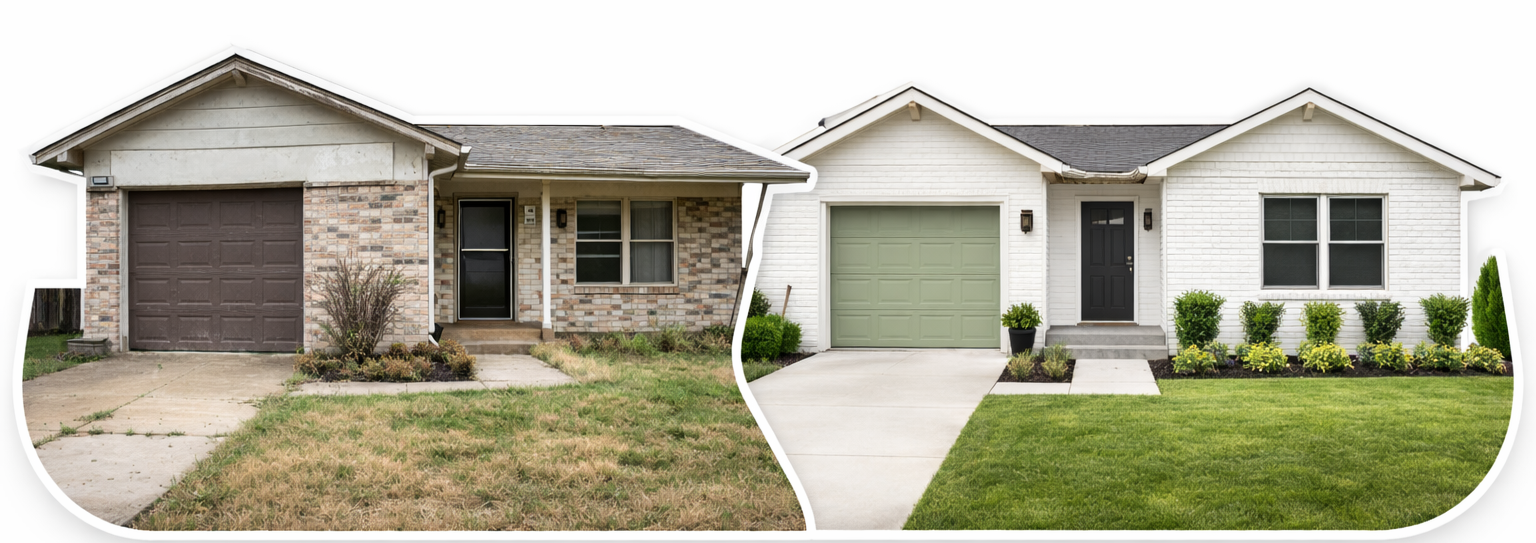 Side-by-side comparison of two houses, left house has a brick exterior with a brown garage door and a small front yard with a shrub; right house has a white exterior with a green garage door and well-maintained lawn with shrubs.