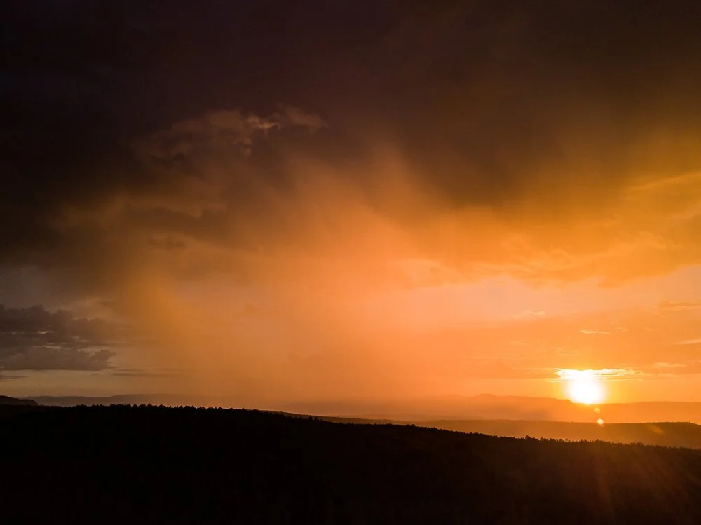 A curtain of rain is illuminated by the setting sun. 