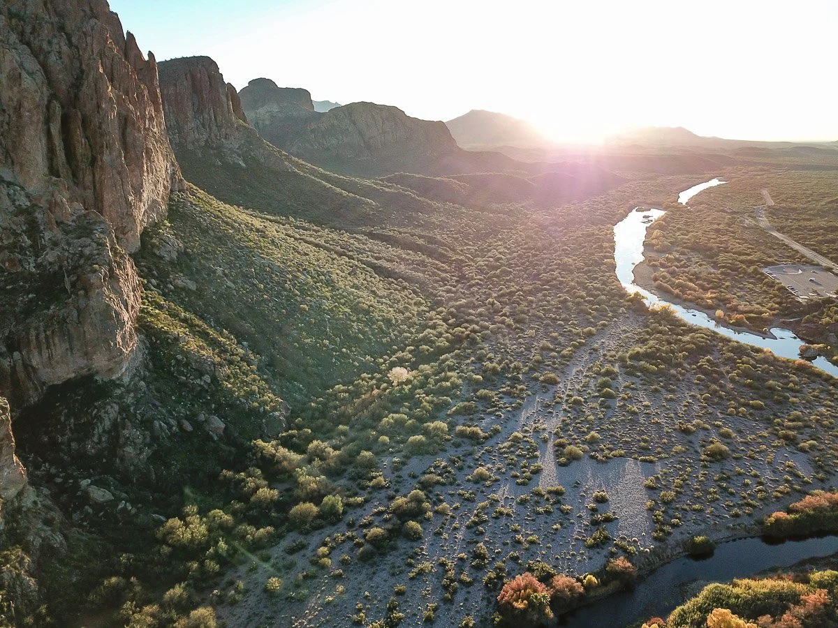Sunset paints the cliffs of the Goldfield Mountains along the Lower Salt River.