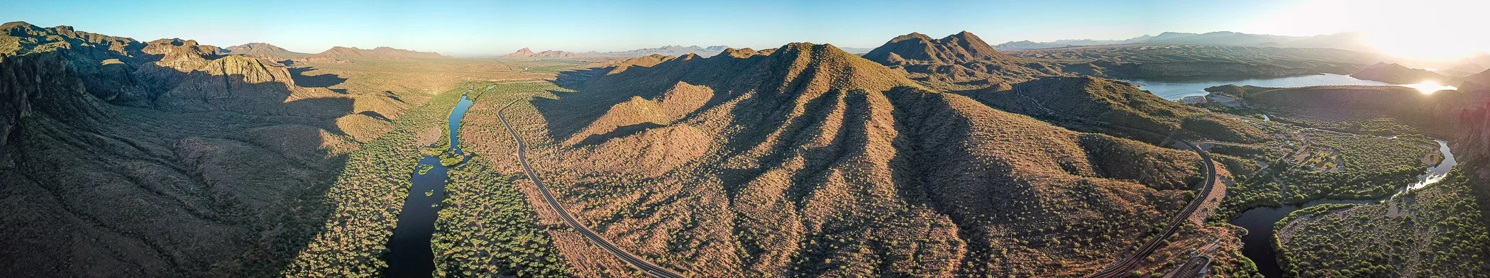The Lower Salt River leaves Saguaro Lake and flows through the desert between Stewart Mountain and the Goldfield Mountains, east of Phoenix. 