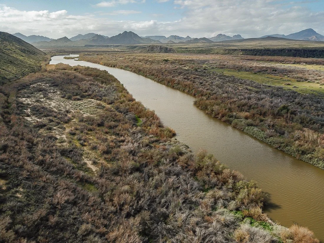 The Gila River slices through the Gillespie shield volcano north of Gila Bend.