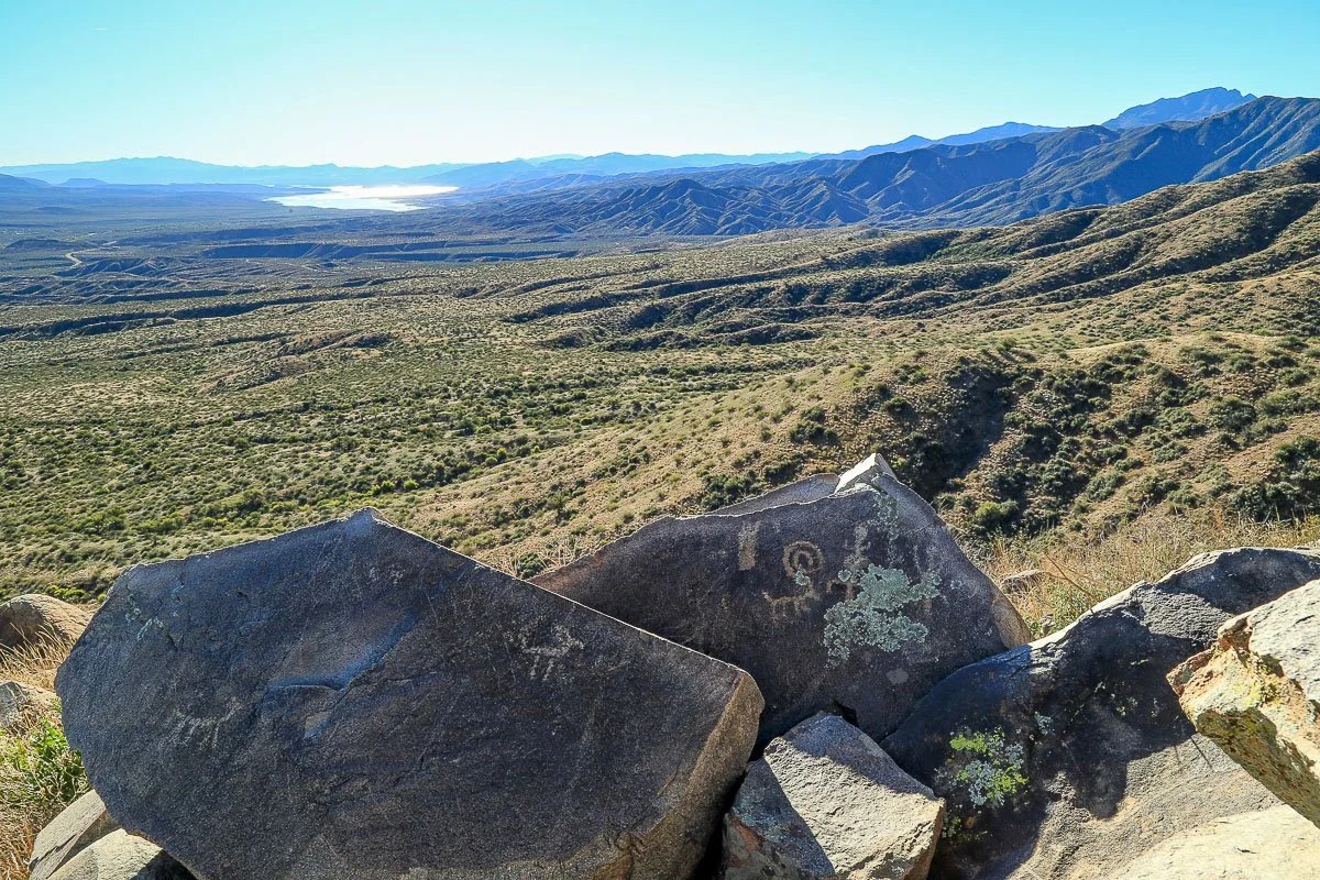 Ancient petroglyphs of animals on angular boulders in Tonto Basin north of Roosevelt Lake. 