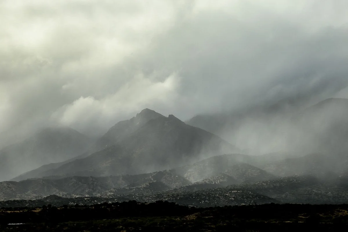 Storm clouds cloak sharp peaks in the northern Mazatzal Mountains. 
