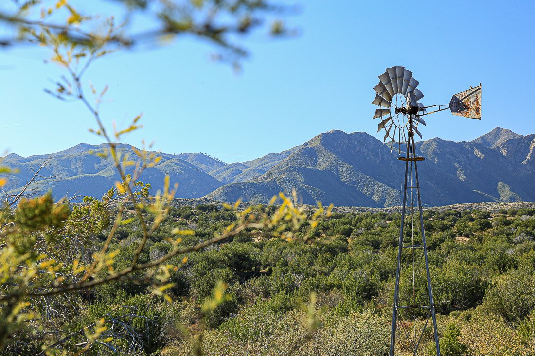 A lonely windmill rises in front of rugged ridges in the central Mazatzal Mountains.