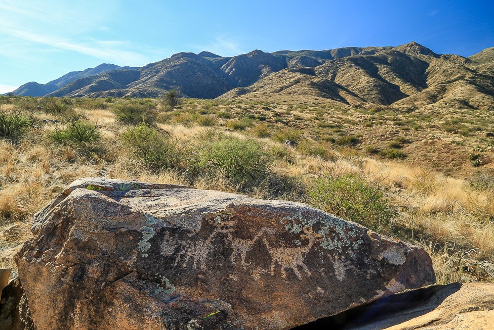 Rugged mountains rise behind a large boulder covered with petroglyphs. 