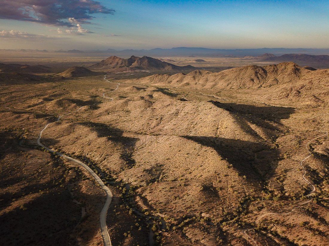 Sunrise in the desolate granite hills of the Little Harquahala Mountains of western Arizona.