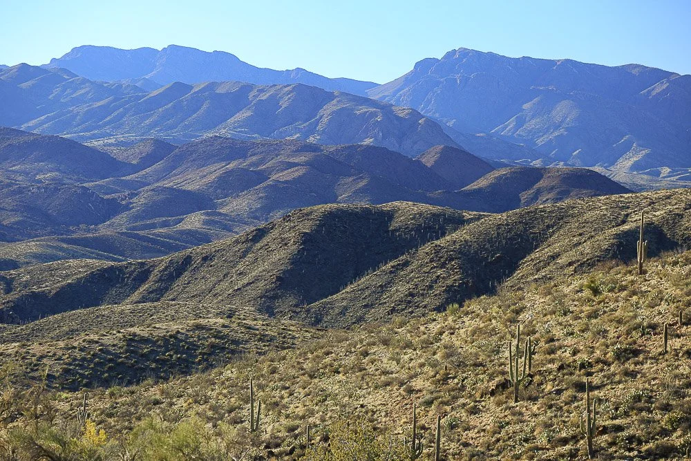 Rows of purple ridges in the Mazatzal Mountains near Jakes Corner. 