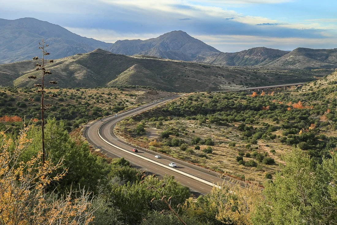 State Route 87 curves through the high desert near Sunflower. 