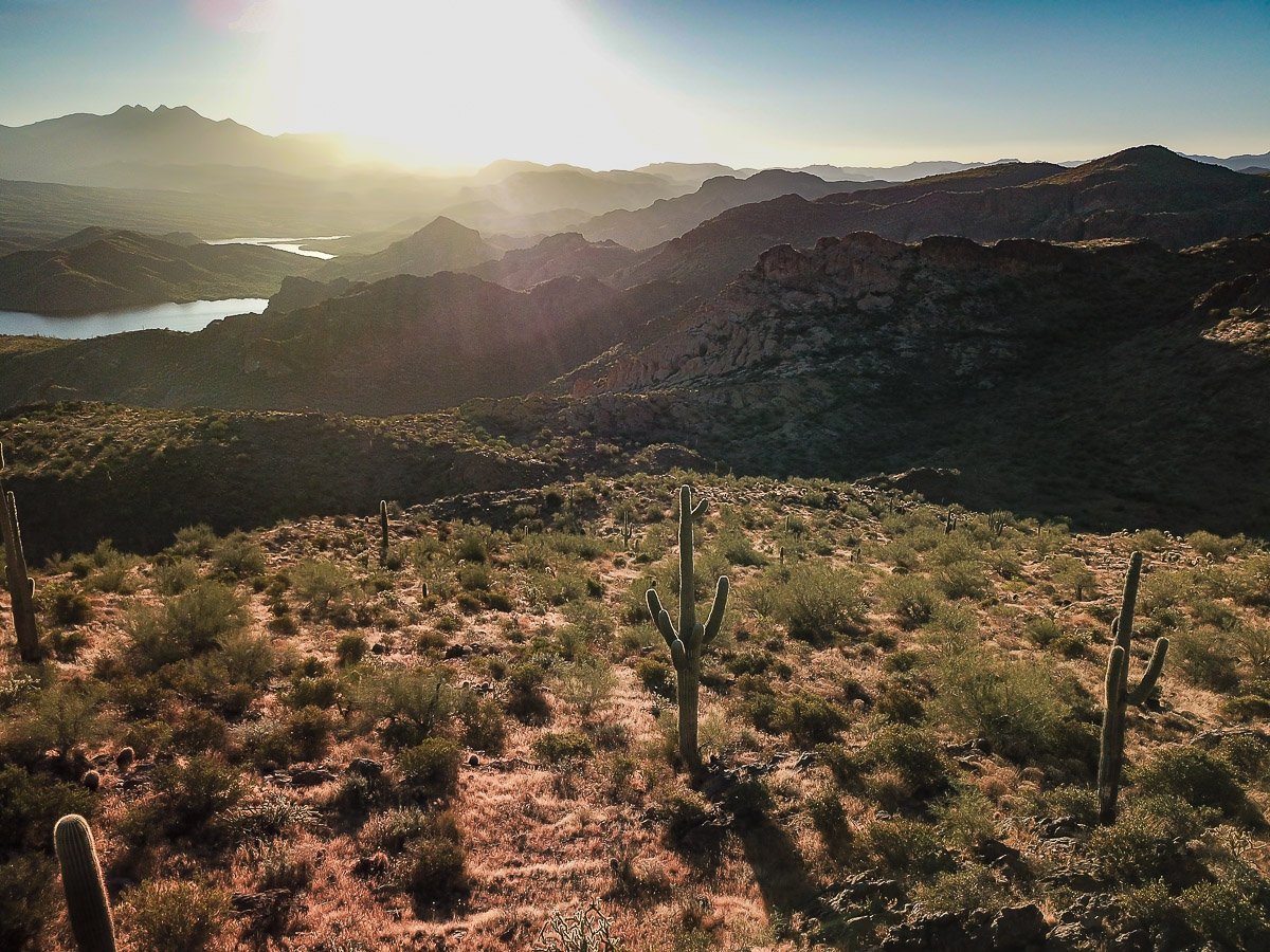 Sunrise over Four Peaks and the Goldfield Mountains.