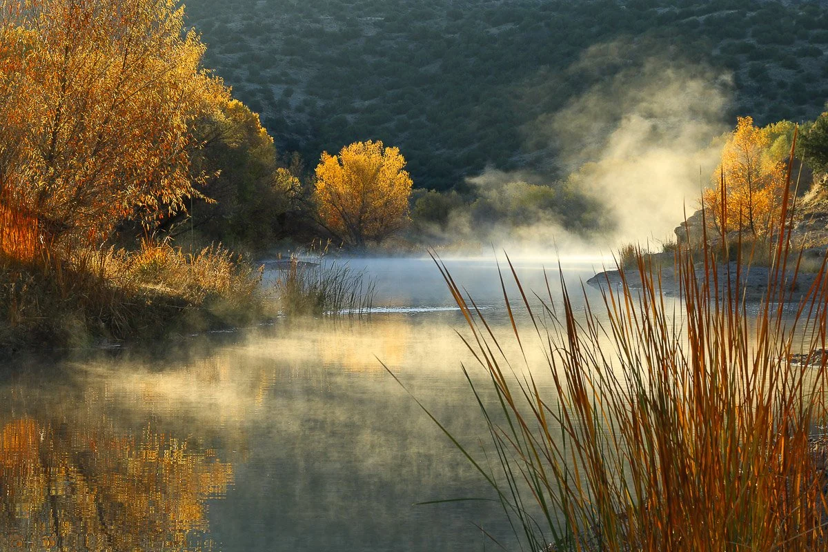Sunrise fog rises from Tonto Creek bordered by Autumn colors. 