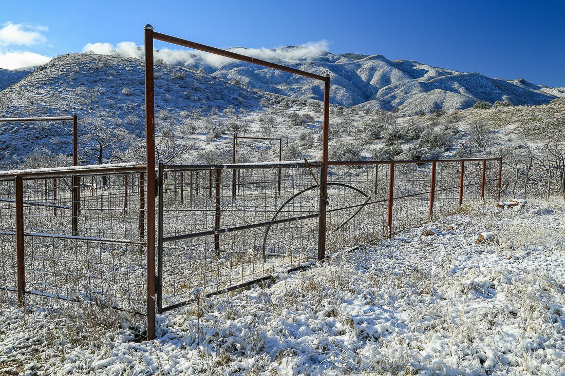 A snow-covered corral north of Mount Ord. 