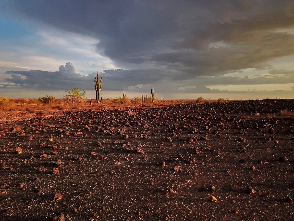 Dark summer storm clouds above the orange-colored barren landscape near Oatman. 