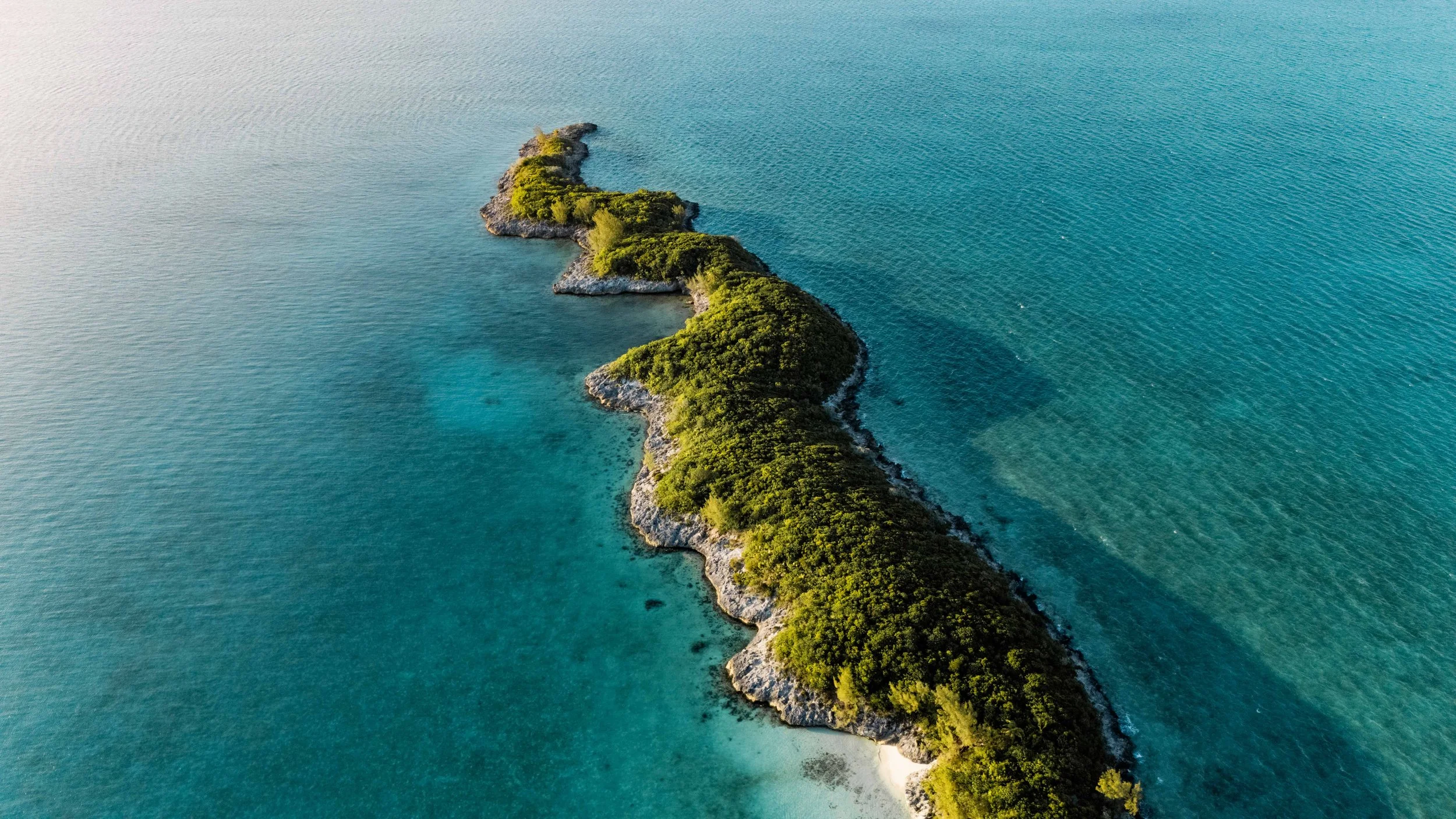 Aerial view of a narrow, rocky island covered in dense green foliage, surrounded by clear blue water with shallow areas near the shoreline.