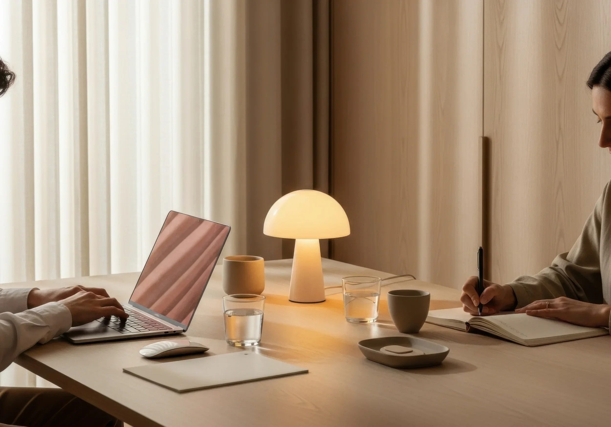 Two people sitting at a wooden table with a lamp, notebooks, glasses of water, and cups, in front of beige curtains.