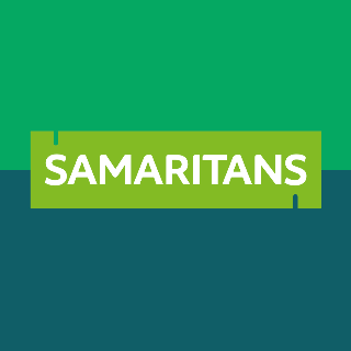 Logo with the word 'SAMARITANS' in white text on a green background, with a dark blue bottom section.