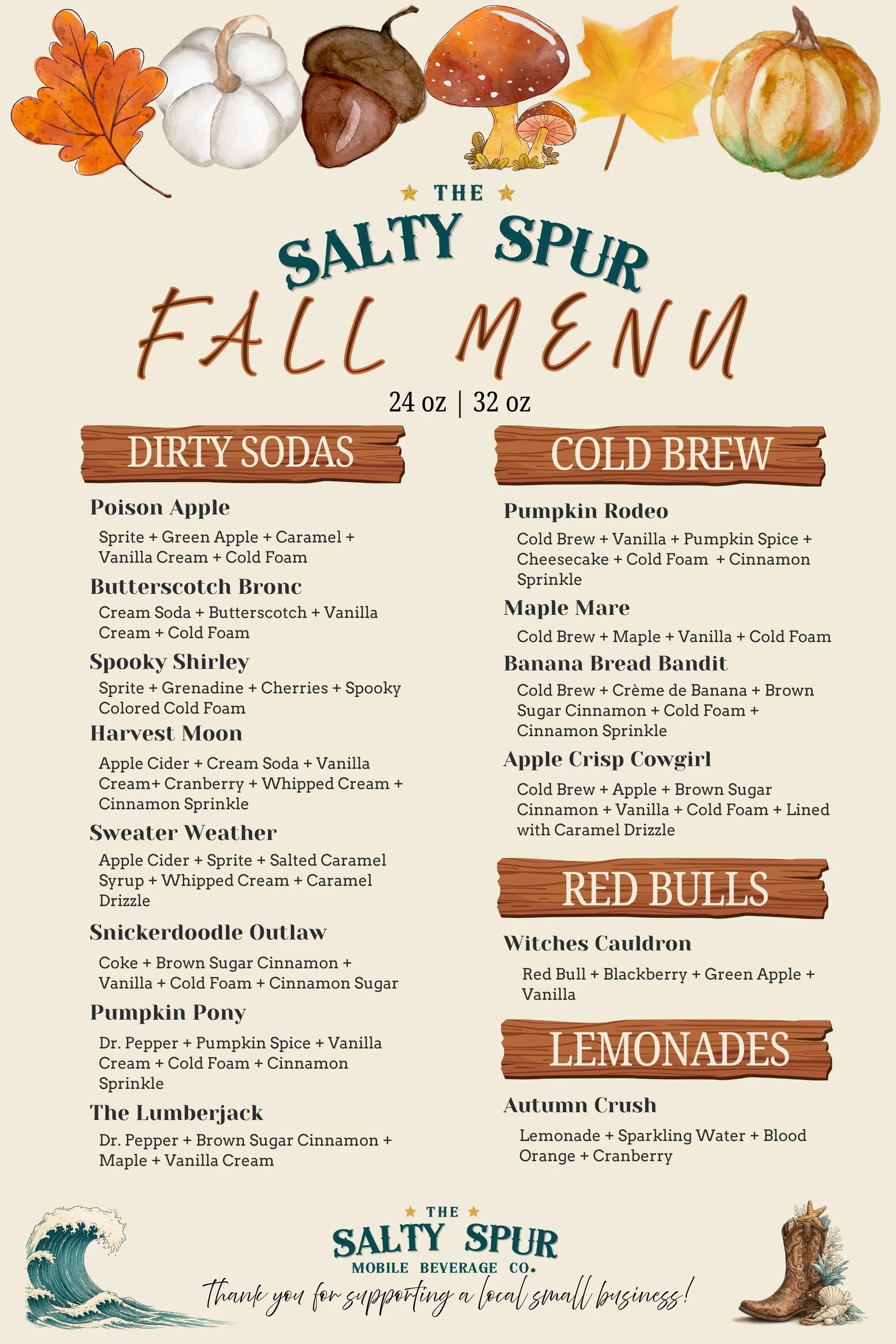 A fall-themed menu featuring various autumn drinks and flavors. The menu includes sections for 'Dirty Sodas' and 'Cold Brew', with flavors such as Poison Apple, Butterscotch Bronc, Spooky Shirley, Harvest Moon, Pumpkin Pony, The Lumberjack, Pumpkin Rodeo, Maple Mare, Banana Bread Bandit, Apple Crisp Cowgirl, Witches Cauldron, and Autumn Crush. The menu is decorated with watercolor illustrations of pumpkins, mushrooms, autumn leaves, and a horse wearing a cowboy hat.
