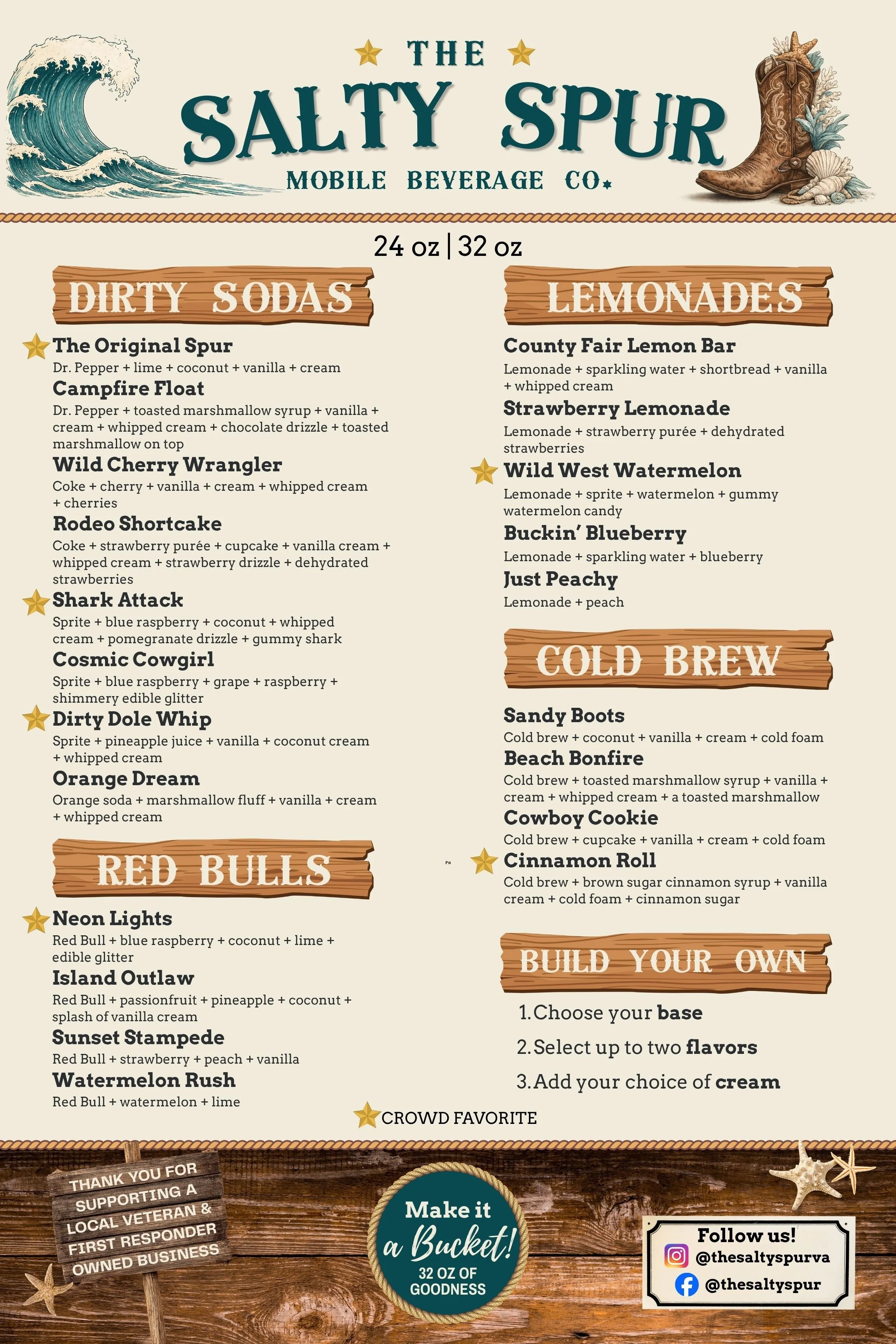 Menu for The Salty Spur Mobile Beverage Co. featuring drinks categorized into three sections: Dirty Sodas, Lemons, and Cold Brew. Dirty Sodas include options like The Original Spur, Campfire Float, Wild Cherry Wrangler, Rodeo Shortcake, Shark Attack, Cosmic Cowgirl, Dirty Dole Whip, Orange Dream, and others. Lemons include County Fair Lemon Bar, Strawberry Lemonade, Wild West Watermelon, Buckin' Blueberry, Just Peachy, and Cinnamon Roll. Cold Brew options include Sandy Boots, Beach Bonfire, Cowboy Cookie, and others. The menu emphasizes customizable options and has a western-themed design with nautical and beach elements.