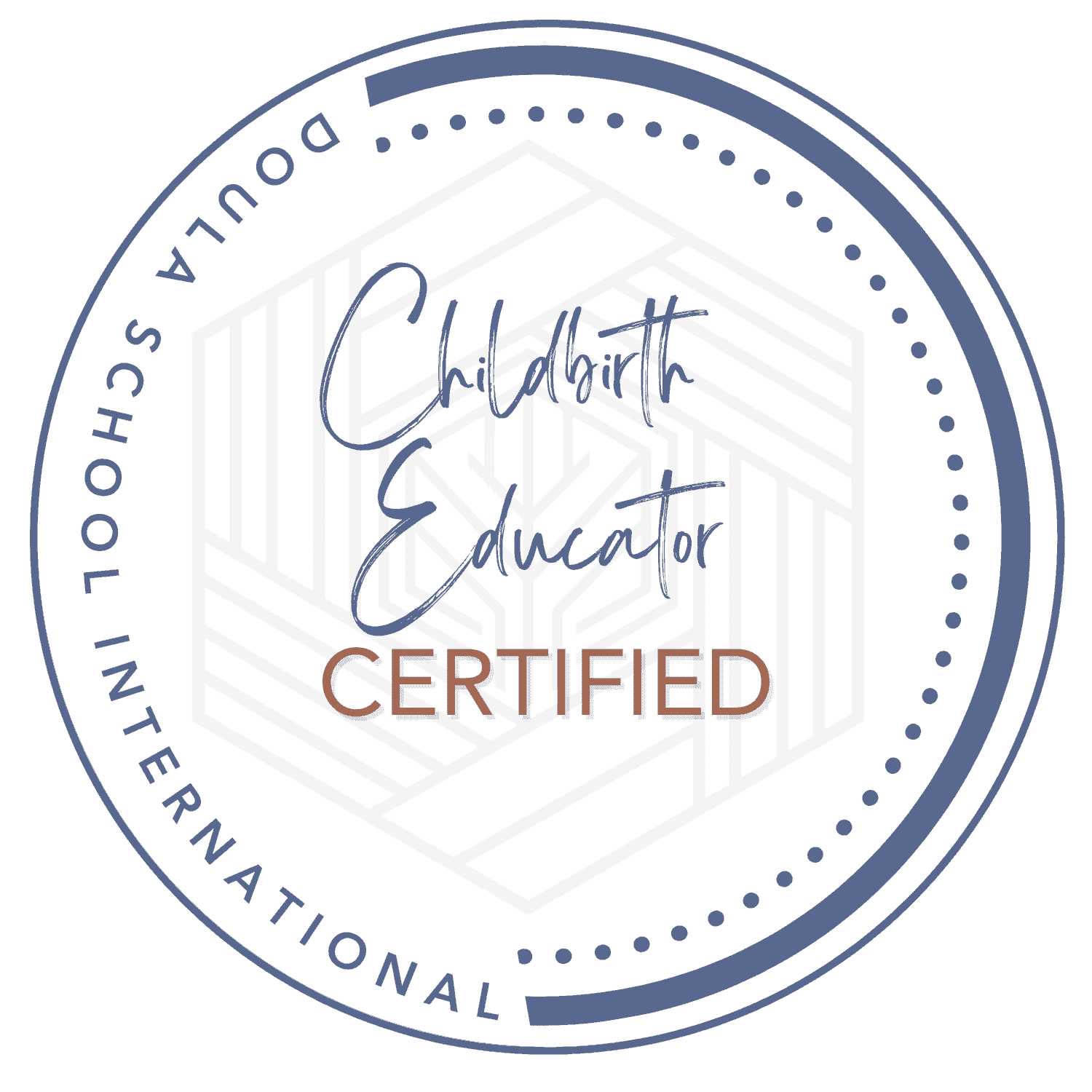 A circular badge with the text "Childbirth Educator Certified" in the center, surrounded by a border that says "Childbirth Educator Certification Program" on the left and "Interscholastic World" on the right, with a decorative geometric pattern in the background.