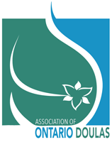 Logo of the Association of Ontario Doula with a stylized leaf and abstract design in green, blue, and white